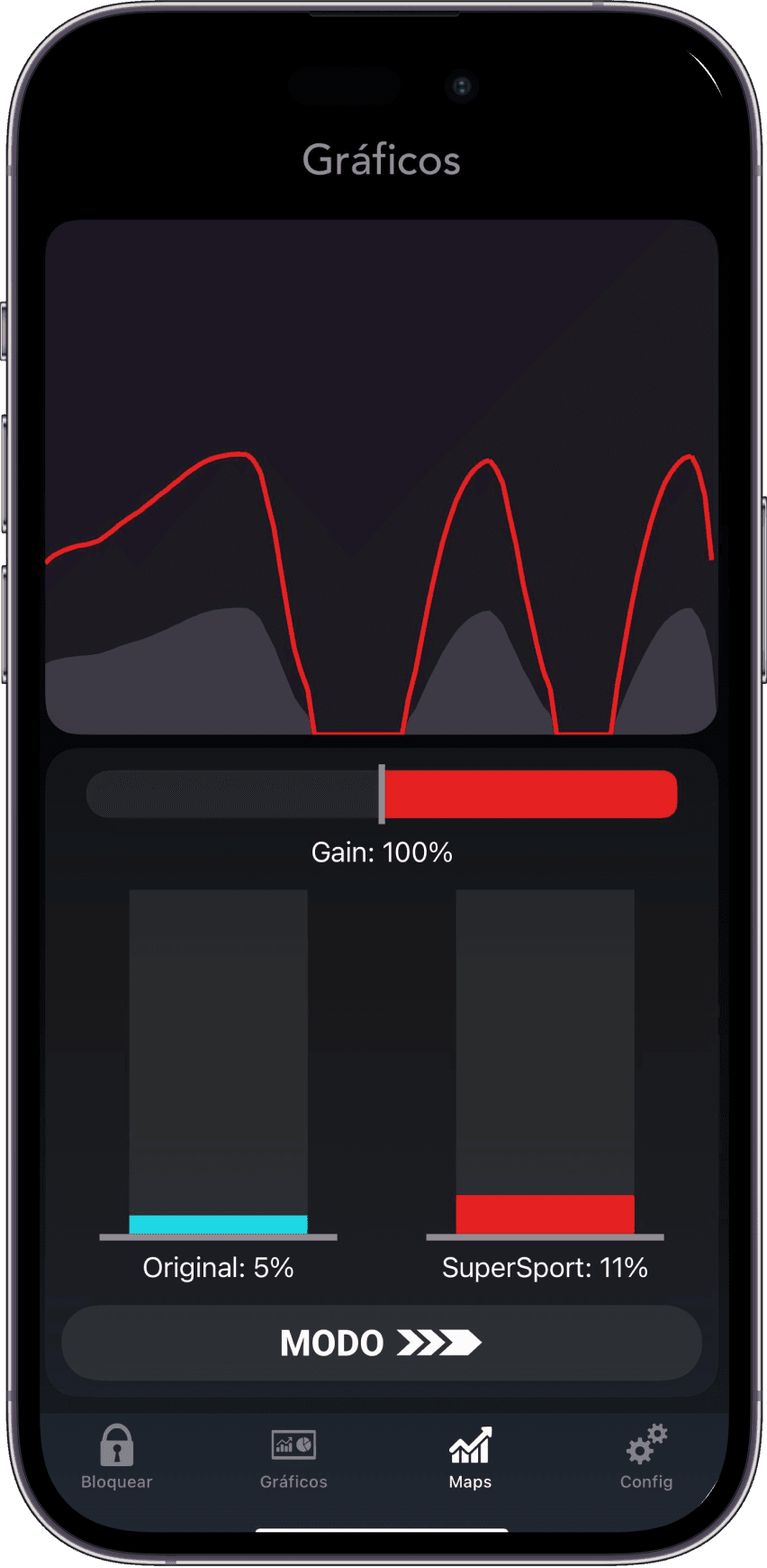 Aplicativo OnMotus - tela principal do app para controle do Gas Drive