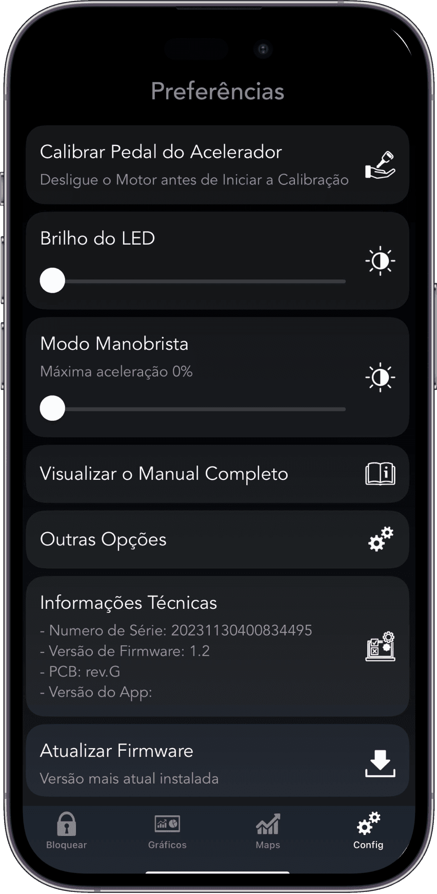 Aplicativo OnMotus - tela de configurações e modos de condução do Gas Drive
