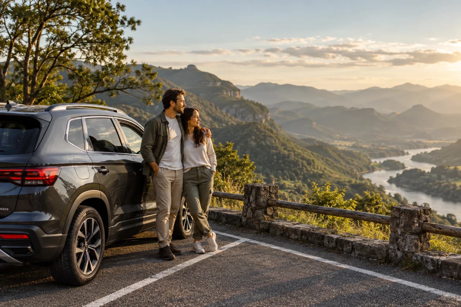 A couple enjoys a travel break beside their parked car at a scenic viewpoint