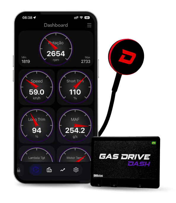 Conjunto do Gas Drive Dash com celular, modulo e botao