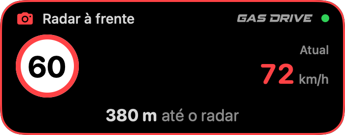 A 60 km/h speed camera 380 meters ahead; the current speed of 72 km/h is highlighted in red