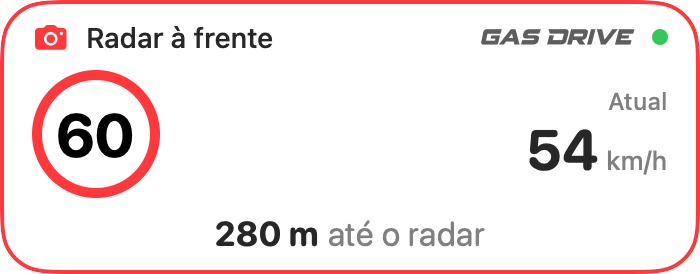 App example: a 60 km/h speed camera 280 meters ahead and a current speed of 54 km/h